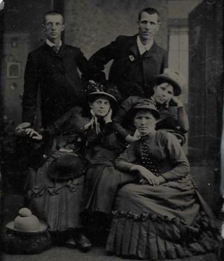 Tintype Photo T65 Group Of 5 - Women In Brimmed Hats - Men Have Creepy Eyes
