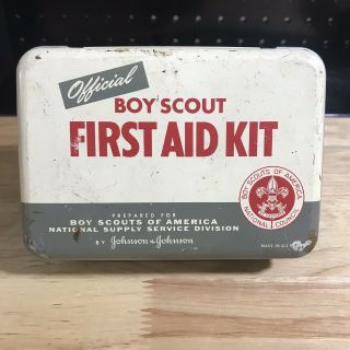 Vintage Official Boy Scout First Aid Kit Metal Tin Johnson & Johnson