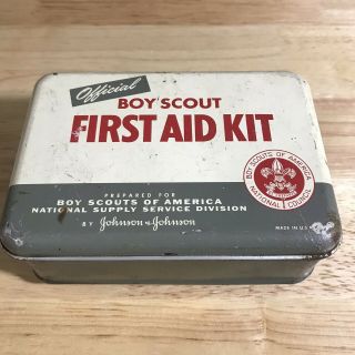 Vintage Official Boy Scout First Aid Kit Metal Tin Johnson & Johnson 3