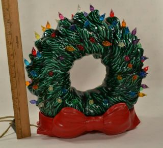 Vintage Ceramic Light Up Christmas Wreath With Red Bow Collectible Holiday
