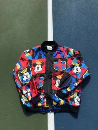 1990’s Vintage Mickey Mouse Bomber Jacket All Over Pribt Satin Disney Size Large