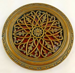 Vintage Ornate Wood Over Red Stained Glass Trivet Wall Hanging 7.  5 " Round