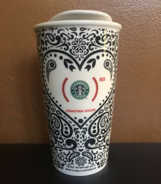 Starbucks Jonathan Adler Red 12 Oz Coffee Travel Mug Tumbler Black White Paisley