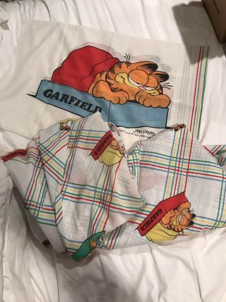 Vintage 1978 Garfield Twin Bed Set Pillowcase Flat & Fittedsheet Cat Striped Red