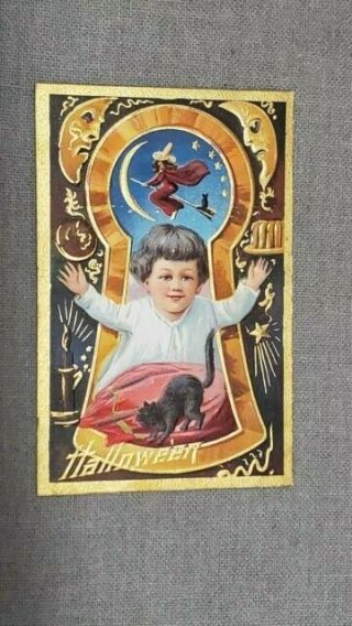 Vintage Halloween Postcard Boy In Keyhole Witch Black Cat