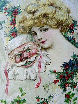 Vintage John Winsch Schmucker Postcard Girl With Santa Mask Holly 1920