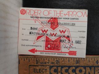 Bsa Order Of The Arrow Katinonkwat Lodge 93 Ordeal Member Card (1982) 1027tb.