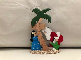 Vintage Emgee Hawaii Wooden Christmas Tree Ornament Santa Lei Palm Tree Beach 3
