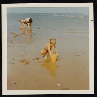 Vintage Photograph Little Boy With Pail Playing In Sand At The Beach
