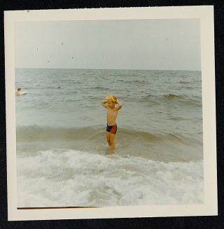 Vintage Photograph Little Boy With Goggles Standing In Ocean Water At Beach