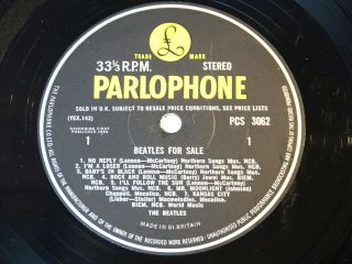 Sleeveless Lp : Beatles/for Sale/1964 Parlophone Stereo Lp