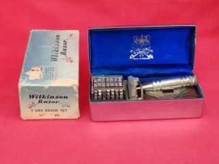 Complete Vintage Wilkinson 7 Day Razor Set,  Chrome Art Deco Case & Box