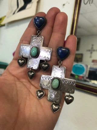 Vintage Sterling Silver Turquoise & Lapis Hearts Cross Dangle Earrings