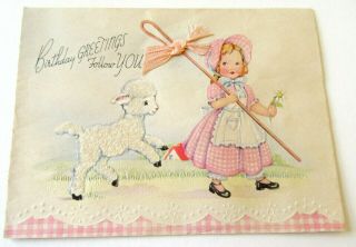 Vintage Greeting Card Little Bo Peep In Pink Gingham With Flocked Lamb