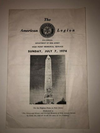 1974 Sussex County High Point American Legion Memorial Service Program Nj