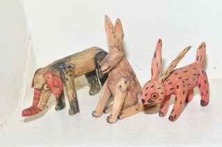 Folk Art Set Of 3 Vintage Wood Carved Hand Painted Animals