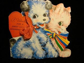 Vintage " Puppy And Kitten For A Sweet Granddaughter " Valentine Greeting Card