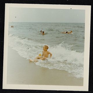 Vintage Photograph Cute Little Boy Sitting In The Ocean Waves