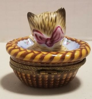 Vintage Peint Main Limoges France Cat in Basket Trinket Box 2 