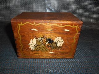 Old Vtg Wood Recipe Card File Box Dove - Tailed Lift Off Lid Kitchen Decor