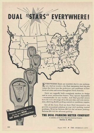 1952 Dual Parking Meter Automatics Stars Everywhere Us Map Print Ad