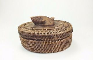 Inuit Basket With Carved Wood Fish Top - Handmade Basket - Alaskan Trinket Box