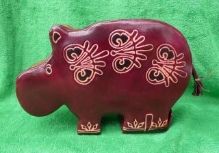 Hippo Figurine Statue Animal Leather Covered Money Coin Box Piggy Bank Handcraft