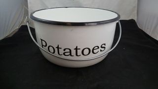 Vintage Primitive Country Black And White Enamel Ware 12 " Potatoes Bowl W/handle