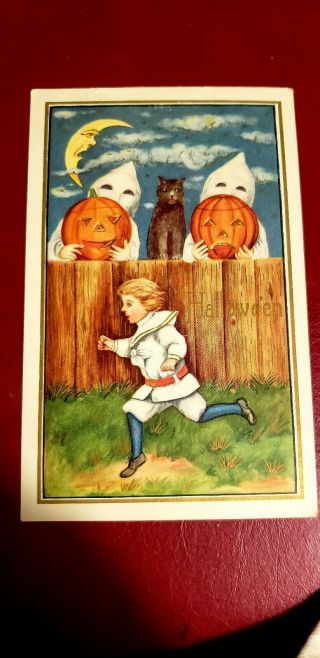 Vintage Halloween Postcard Young Boy Frightened Running 2 White Robed Men