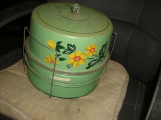 3 Tier - Vintage Green Metal Tin - Pie Cookie Cake Saver Container - 1950 