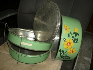 3 Tier - Vintage GREEN METAL TIN - Pie Cookie Cake Saver Container - 1950 ' s 2