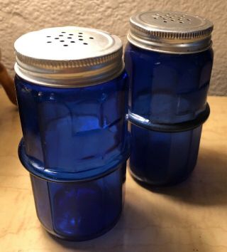 Vintage Hoosier Cobalt Blue Glass Salt And Pepper Shakers W/ Tin Lids
