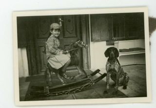 Girl On Rocking Horse With Pet Dog - Black And White Vintage Snapshot Photo