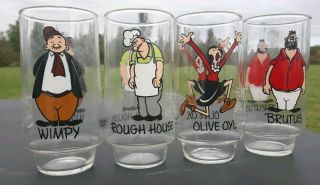 4 Vintage 1975 Coca Cola Popeye Drinking Glasses Wimpy Olive Brutas Rough House