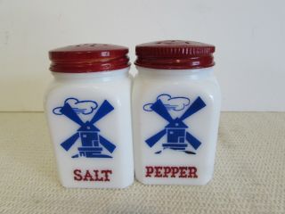 Vintage Mckee Dutch Windmill Salt Pepper Shaker Spice Jars Milk Glass Red Lids