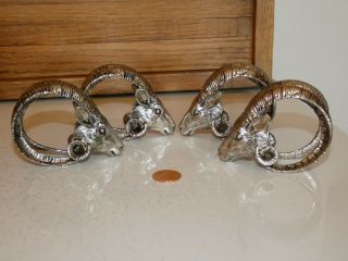 4 Signed 1996 Silver Tone Metal Ram Big Horn Sheep Head Napkin Rings