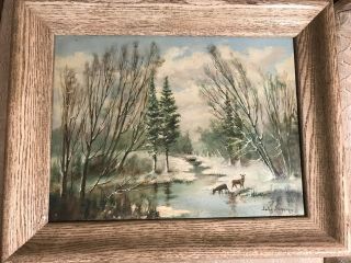 Vintage " Deer In Winter Scene " Oil On Board Painting - Signed And Framed