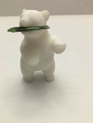 Carved Marble Stone Polar Bear With Green Jade Fish Standing Figure
