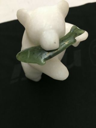 Carved Marble Stone Polar Bear with Green Jade fish standing figure 2