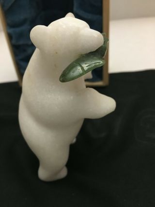Carved Marble Stone Polar Bear with Green Jade fish standing figure 3