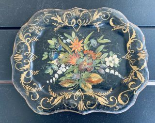 Vintage Black Metal Tole Hand Painted Floral Flowers Abalone Tray