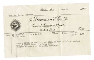 1928 Receipt For Insurance Premium Payment On A House And Barn In Massachusetts