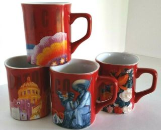 Nescafe Clasico set of 4 Red Themed Square Mugs Cups Mexico Mexican Cities 2