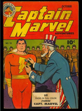 Captain Marvel Adventures 28 Uncle Sam Wwii War Cover Fawcett Comic 1943 Gd,