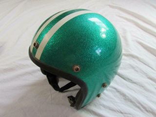 Vtg 60s 70s Asc Fury 400 Green Metal Flake Motorcycle Helmet Sz S Motocross