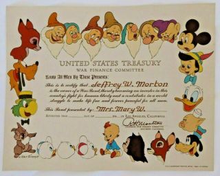 1944 Us Treasury War Savings Bond Certificate With Disney Characters