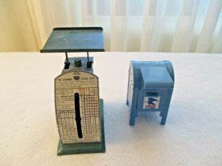 Vintage Medal Idl Economy Postal Scale & Blue Plastic Us Mail Box Stamp Holder