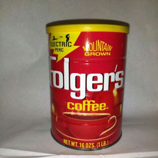 Vintage Folgers 1 - Pound Coffee Tin/ Yellow Lid,  Metal Can With Painted Graphics