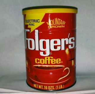 Vintage FOLGERS 1 - Pound Coffee Tin/ yellow Lid,  Metal Can with Painted graphics 2