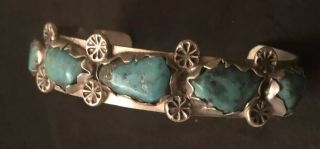 Vintage Native American Indian Turquoise Row Sterling Silver Cuff Bracelet
